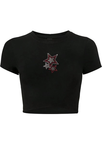 Kadın Renkli Yıldız Kristal Taş Baskılı Crop T-Shirt