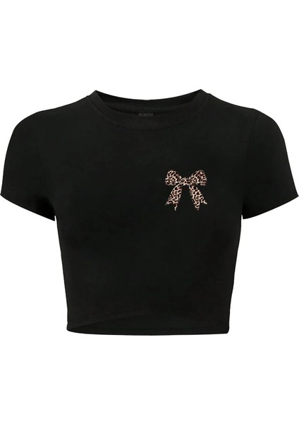 Kadın Leopar Kurdele Crop T-Shirt