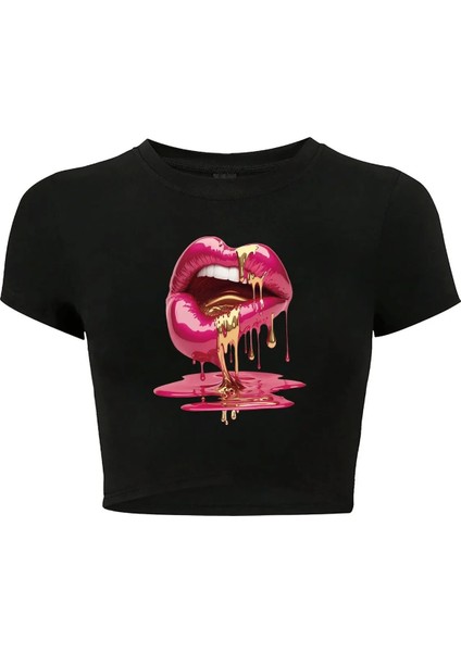 Kadın Casu Lip Dudak Baskılı Crop T-Shirt