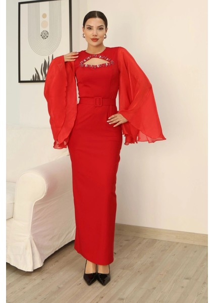 Dekoltesi Işlemeli Pelerinli Kol Abiye Elbise 2349-KIRMIZI