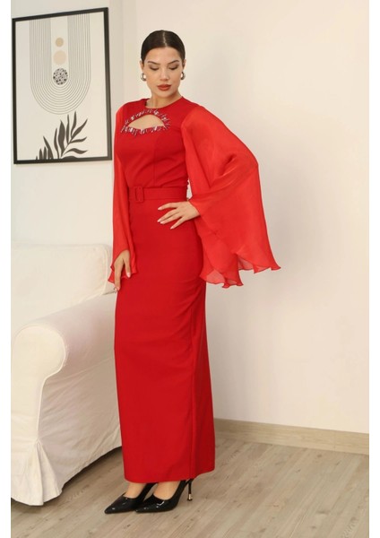 Dekoltesi Işlemeli Pelerinli Kol Abiye Elbise 2349-KIRMIZI fiyatları