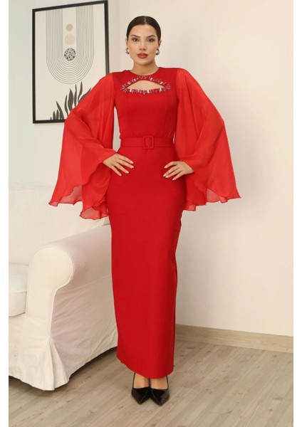 Dekoltesi Işlemeli Pelerinli Kol Abiye Elbise 2349-KIRMIZI fırsatları