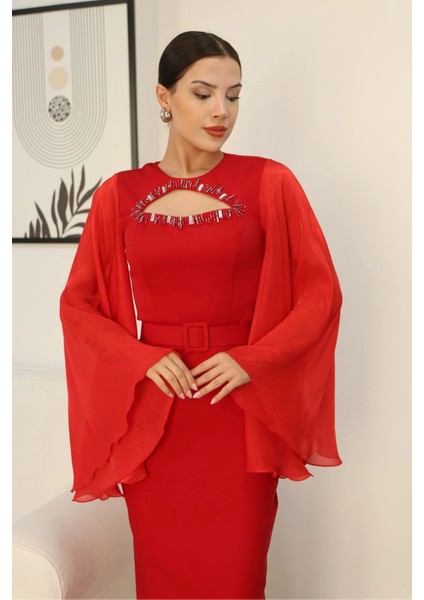 Dekoltesi Işlemeli Pelerinli Kol Abiye Elbise 2349-KIRMIZI indirimleri