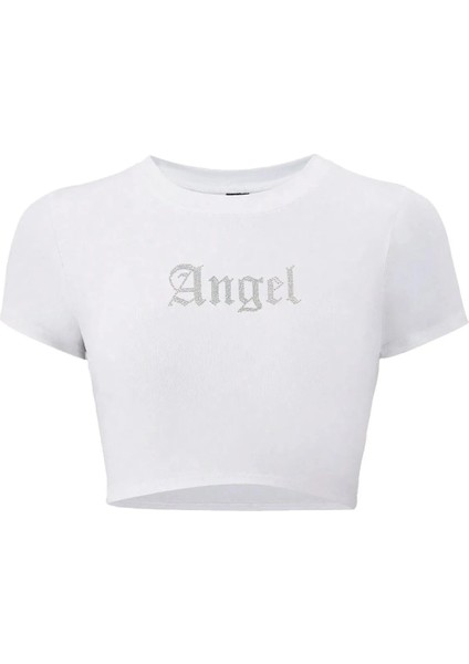 Kadın Angel Kristal Taş Baskılı Crop T-Shirt