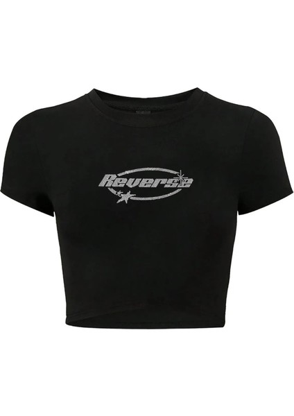 Kadın Reverse Kristal Taş Baskılı Crop T-Shirt