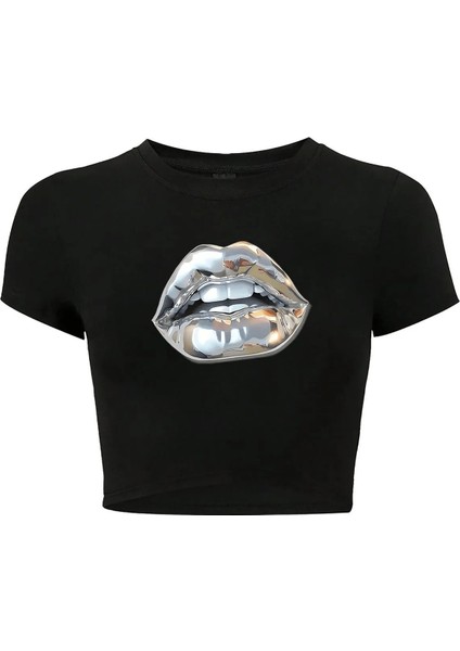 Kadın Silver Lip Gümüş Dudak Crop T-Shirt