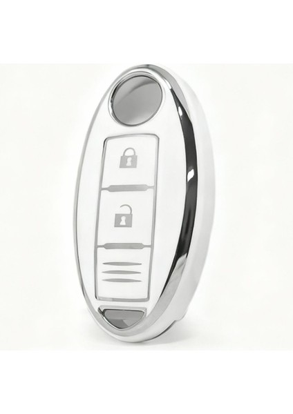 Lüks Nissan Micra, Juke, Qashqai, Note, Navara, Pulsar Smart Nano Anahtar Kılıfı – Beyaz & Gümüş