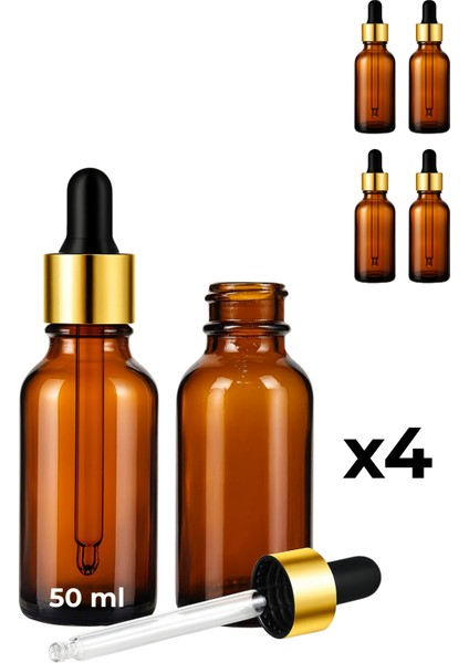4’lü 50 ml Amber Cam Serum Şişesi + Gold (Altın) Metal Kapaklı Siyah Uçlu Damlalık