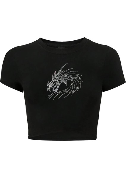 Kadın White Dragon Kristal Taş Baskılı Crop