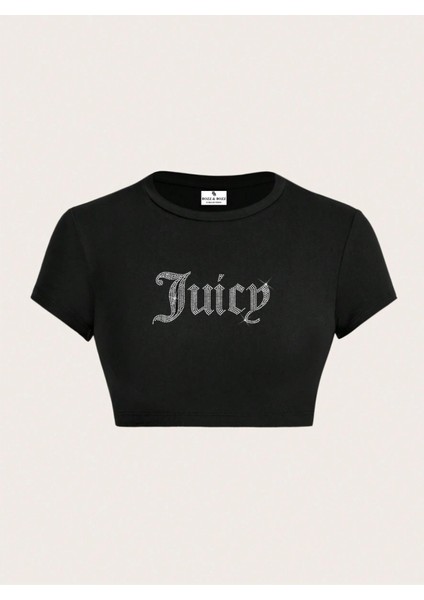Kadın Juicy Kristal Taş Baskılı Crop Top T-Shirt
