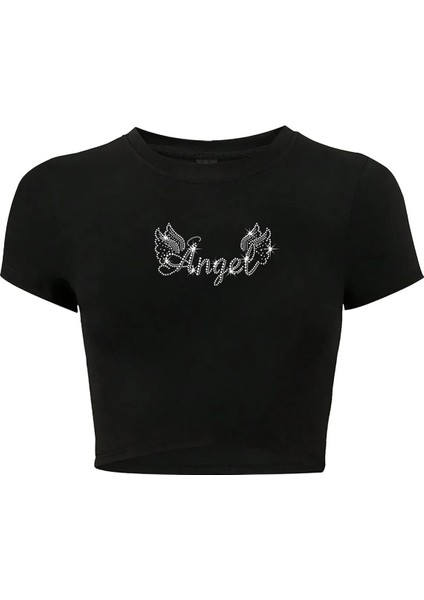 Kadın Kristal Taş Baskılı Angel Crop T-Shirt