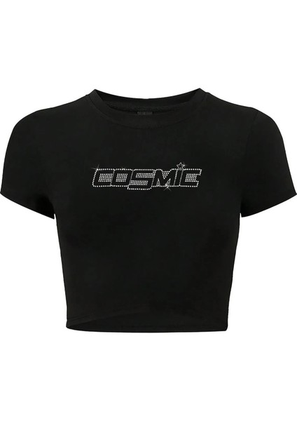 Kadın Kristal Taş Baskılı Cosmic Crop T-Shirt