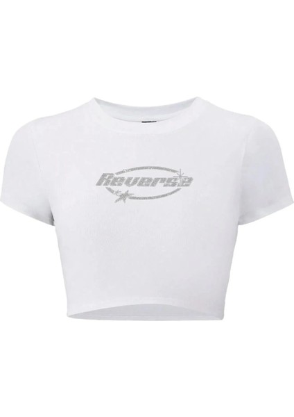 Kadın Reverse Kristal Taş Baskılı Crop T-Shirt