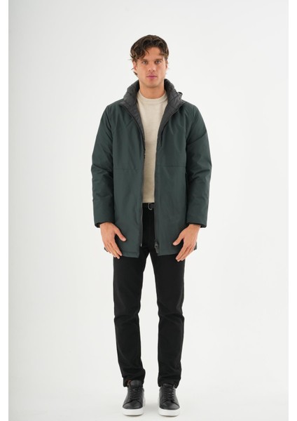 Erkek Regular Fit Kapüşonlu Fermuarlı Çok Cepli Kışlık Klasik Mont