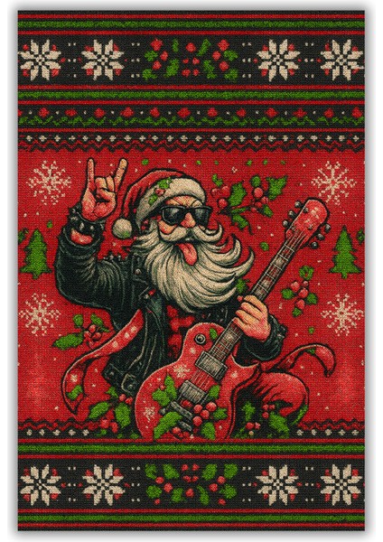 Rockçı Noel Baba Figürlü Kırmızı Halı Dijital Baskılı Dokuma Kaymaz Tabanlı Yıkanır Yılbaşı Halısı fiyatları
