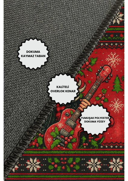 Rockçı Noel Baba Figürlü Kırmızı Halı Dijital Baskılı Dokuma Kaymaz Tabanlı Yıkanır Yılbaşı Halısı indirimleri