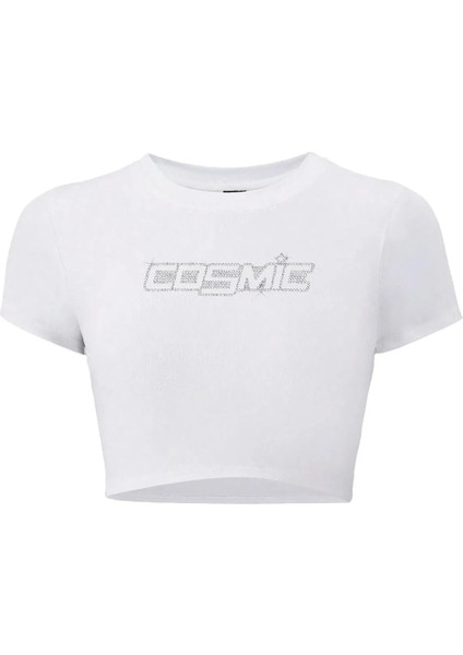 Kadın Kristal Taş Baskılı Cosmic Crop T-Shirt