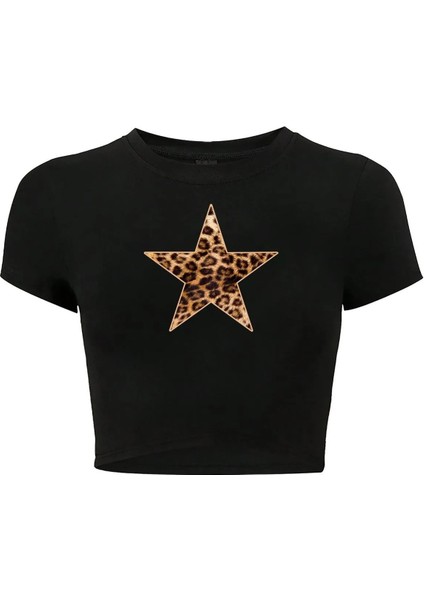 Kadın Ciao Leopar Yıldız Desenli Crop T-Shirt