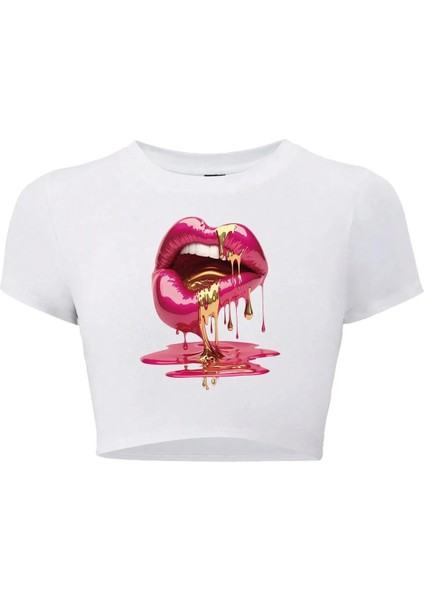 Kadın Casu Lip Dudak Baskılı Crop T-Shirt