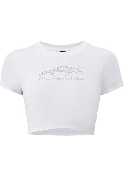 Kadın Kristal Taş Baskılı Porsche Crop T-Shirt