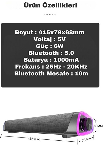 Bluetooth 5.0 Soundbar – Çift Hoparlörlü Rgb Işıklı Pc/tv/telefon Uyumlu USB Şarjlı 360° Surround Ses fiyatları