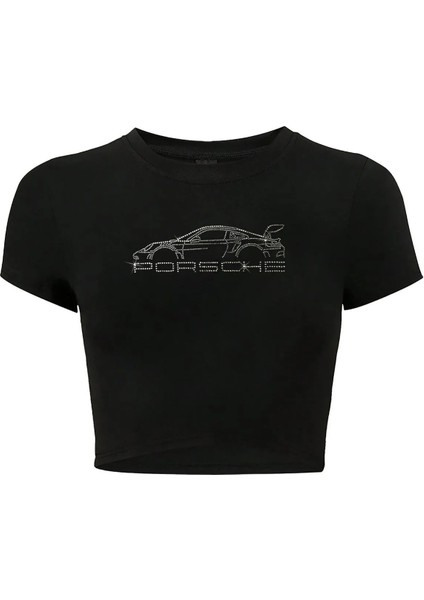 Kadın Kristal Taş Baskılı Porsche Crop T-Shirt