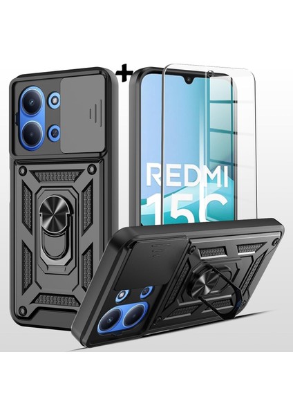 Xiaomi Redmi 15C Kılıf Kamera Korumalı Sürgülü Yüzüklü Standlı Armor Tank Kapak + Ekran Koruyucu Cam Set