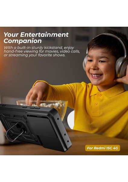 Xiaomi Redmi 15C Kılıf Kamera Korumalı Sürgülü Yüzüklü Standlı Armor Tank Kapak + Ekran Koruyucu Cam Set indirimleri