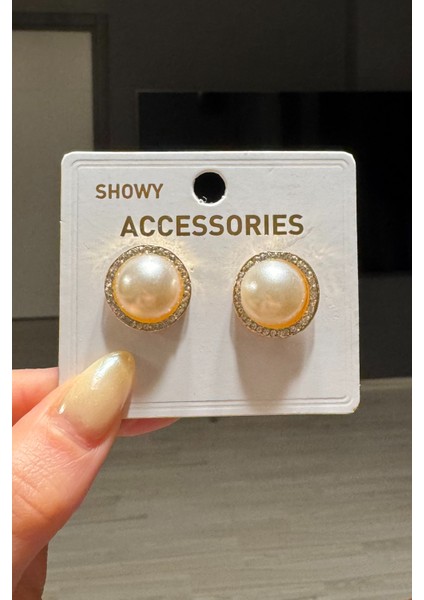 Kadın Gold Zirkon Taşlı Inci Küpe