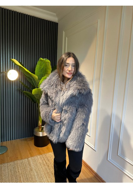 Şal Yaka Kürk Mont Gri