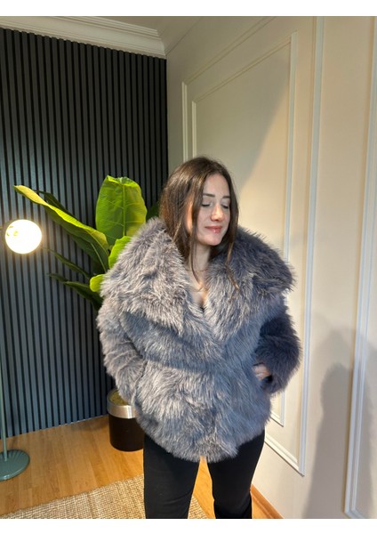 Şal Yaka Kürk Mont Gri modelleri