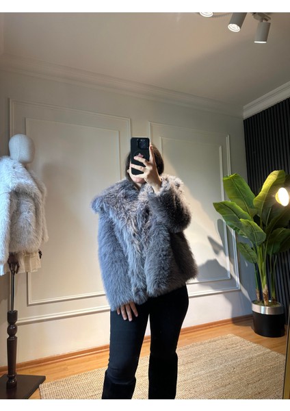 Şal Yaka Kürk Mont Gri fırsatları