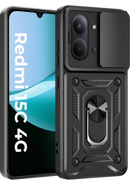 Xiaomi Redmi 15C Kılıf Kamera Korumalı Sürgülü Yüzüklü Standlı Armor Military Tank Kızaklı Sert Kapak
