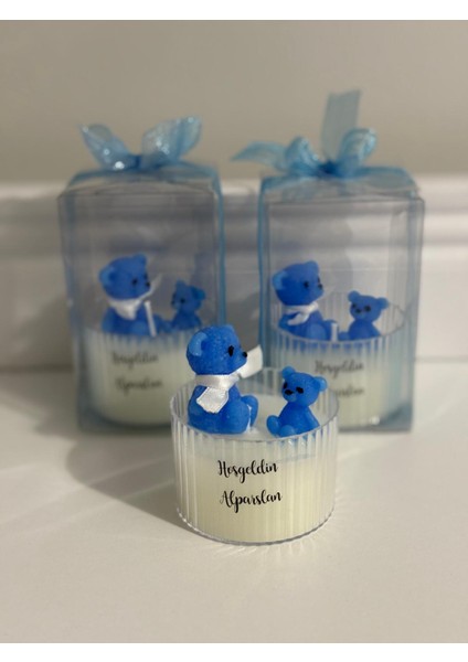 Yeni Doğan Erkek Bebek Doğum Tebrik Hediyesi Şeffaf Asetatlı Kutuda Sevimli Ayıcık Tasarım Mum