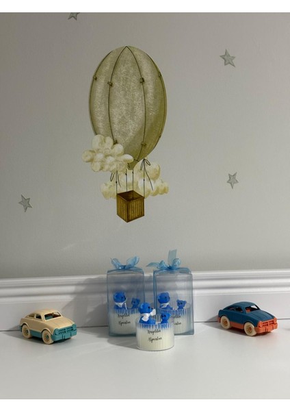 Yeni Doğan Erkek Bebek Doğum Tebrik Hediyesi Şeffaf Asetatlı Kutuda Sevimli Ayıcık Tasarım Mum modelleri