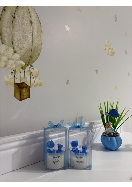 Yeni Doğan Erkek Bebek Doğum Tebrik Hediyesi Şeffaf Asetatlı Kutuda Sevimli Ayıcık Tasarım Mum indirimleri