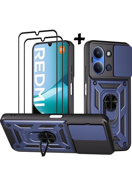 Xiaomi Redmi 15C Kılıf Kamera Korumalı Sürgülü Yüzüklü Standlı Armor Tank Kapak + Ekran Koruyucu Cam Set