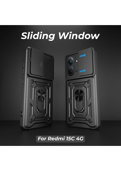 Xiaomi Redmi 15C Kılıf Kamera Korumalı Sürgülü Yüzüklü Standlı Armor Tank Kapak + Ekran Koruyucu Cam Set fiyatları