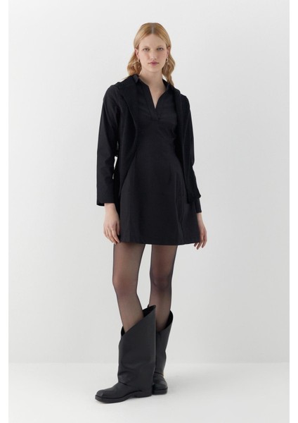 Gömlek Yaka Mini Boy Elbise Siyah
