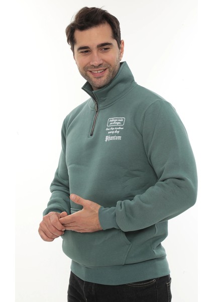 Erkek Petrol Standart Fit Normal Kesim Içi Polarlı Yarım Fermuarlı Dik Bato Yaka Pamuklu Sweatshirt fiyatları