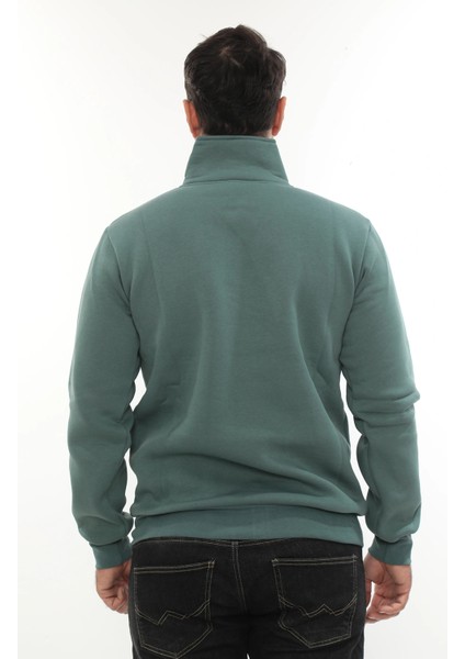 Erkek Petrol Standart Fit Normal Kesim Içi Polarlı Yarım Fermuarlı Dik Bato Yaka Pamuklu Sweatshirt modelleri