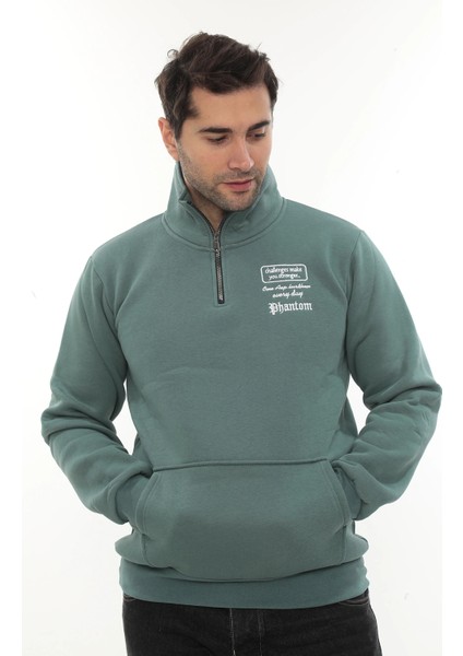 Erkek Petrol Standart Fit Normal Kesim Içi Polarlı Yarım Fermuarlı Dik Bato Yaka Pamuklu Sweatshirt fırsatları