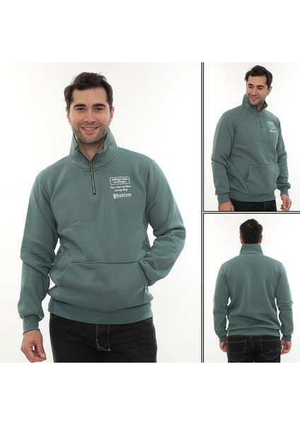 Erkek Petrol Standart Fit Normal Kesim Içi Polarlı Yarım Fermuarlı Dik Bato Yaka Pamuklu Sweatshirt indirimleri