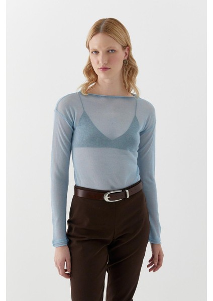 Yarı Transparan Uzun Kollu T-Shirt Mavi