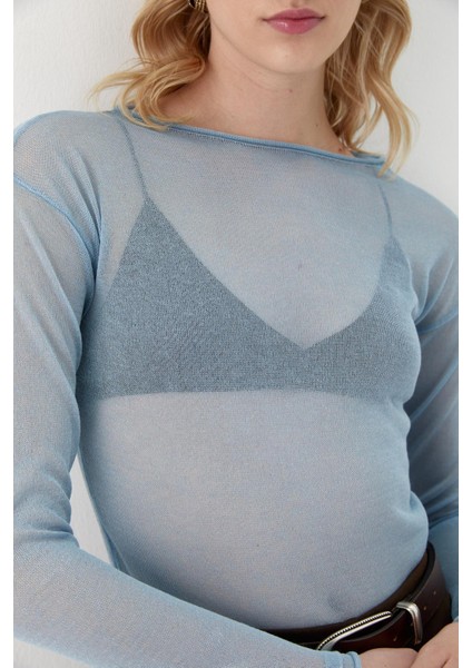 Yarı Transparan Uzun Kollu T-Shirt Mavi indirimleri