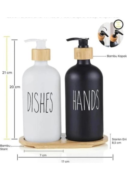 2li Bambu Standlı Siyah-Beyaz Sıvı Sabunluk 500 ml