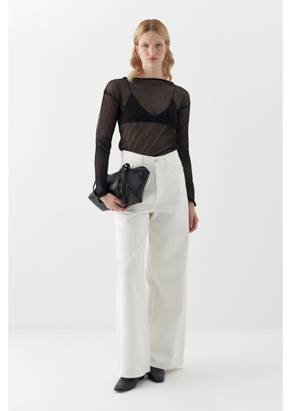 Yarı Transparan Uzun Kollu T-Shirt Siyah