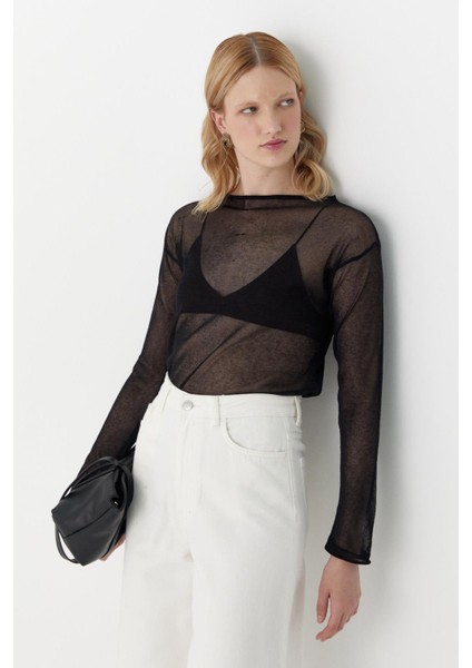 Yarı Transparan Uzun Kollu T-Shirt Siyah fiyatları