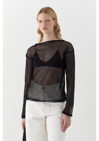 Yarı Transparan Uzun Kollu T-Shirt Siyah modelleri