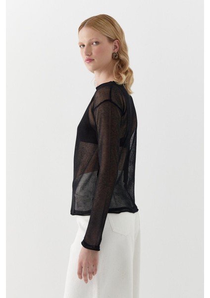 Yarı Transparan Uzun Kollu T-Shirt Siyah fırsatları